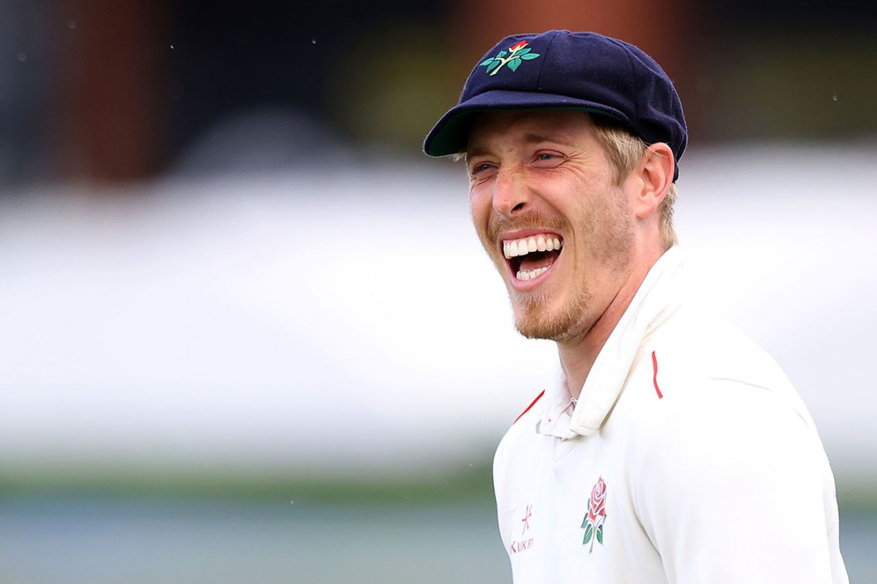 Luke Wood of Lancashire has a laugh, LV= Insurance County Championship, Sussex vs Lancashire, Emirates Old Trafford, April 09, 2021