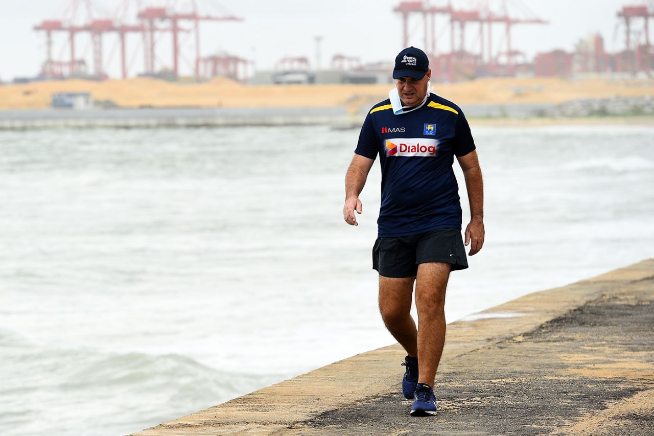 Mickey Arthur walks at the Galle Face Green, Colombo, May 22, 2020