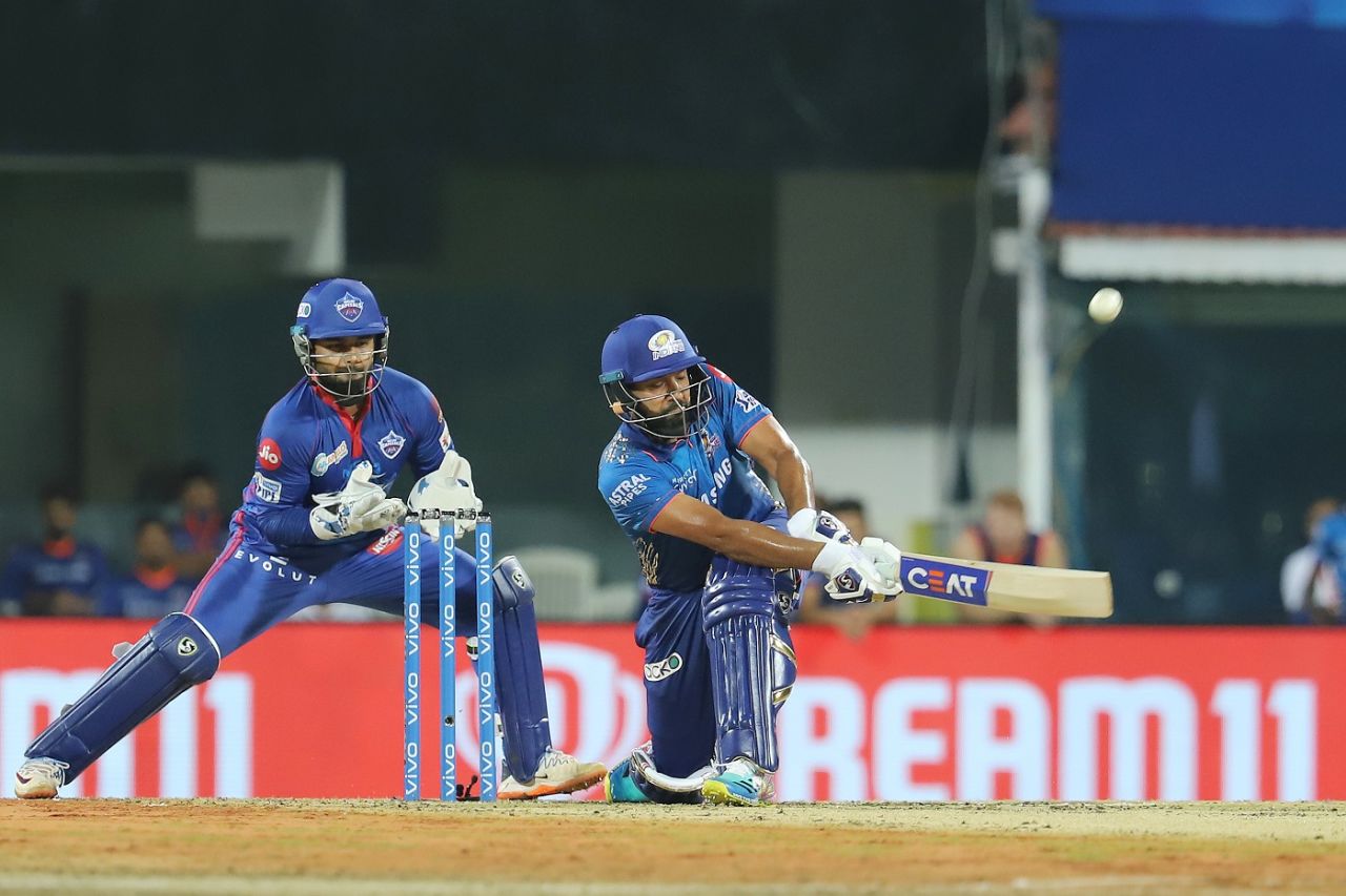Rohit Sharma goes for the sweep in an attacking start, Mumbai Indians vs Delhi Capitals, IPL 2021, Chennai, April 20, 2021