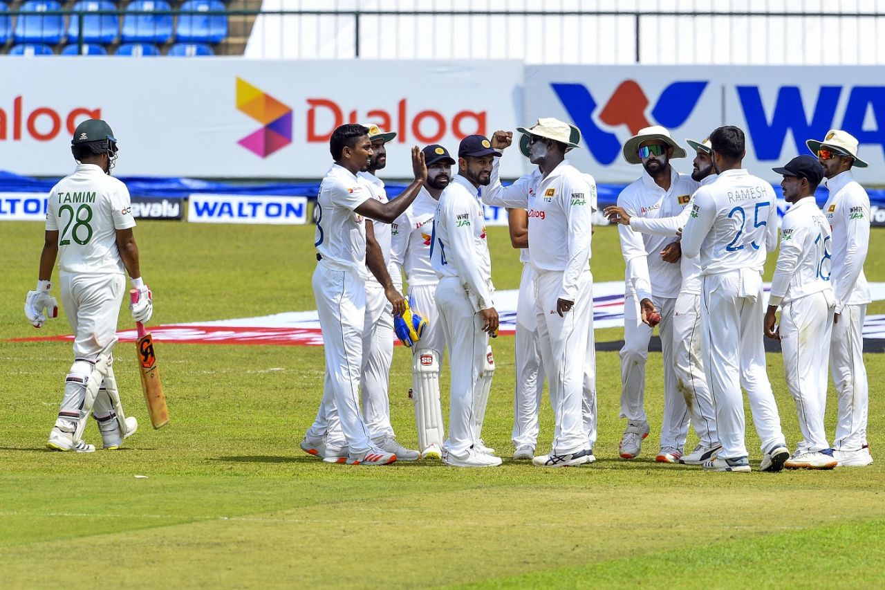 Vishwa Fernando celebrates the wicket of Tamim Iqbal with his team-mates, Sri Lanka vs Bangladesh, 1st Test, Pallekele, 1st day, April 21, 2021