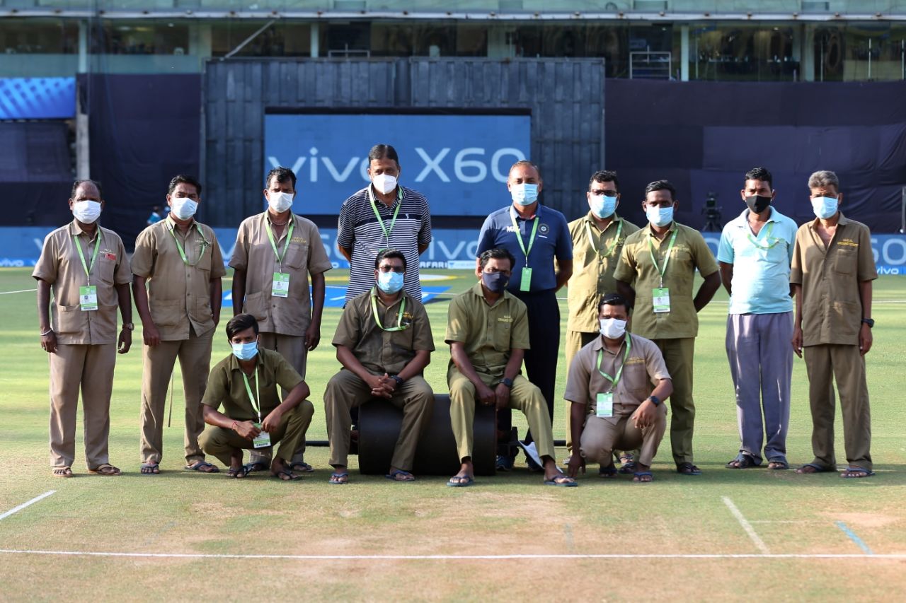 Ground staff gather for a photo at the Wankhede Stadium, Kolkata Knight Riders vs Chennai Super Kings, IPL 2021, Mumbai, April 21, 2021