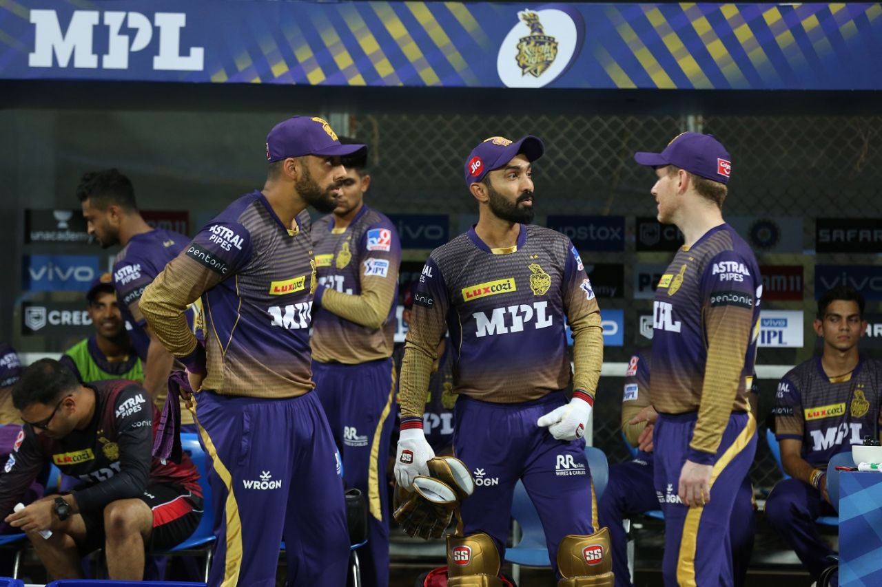 Varun Chakravarthy, Dinesh Karthik and Eoin Morgan before taking the field, Kolkata Knight Riders vs Chennai Super Kings, IPL 2021, Mumbai, April 21, 2021
