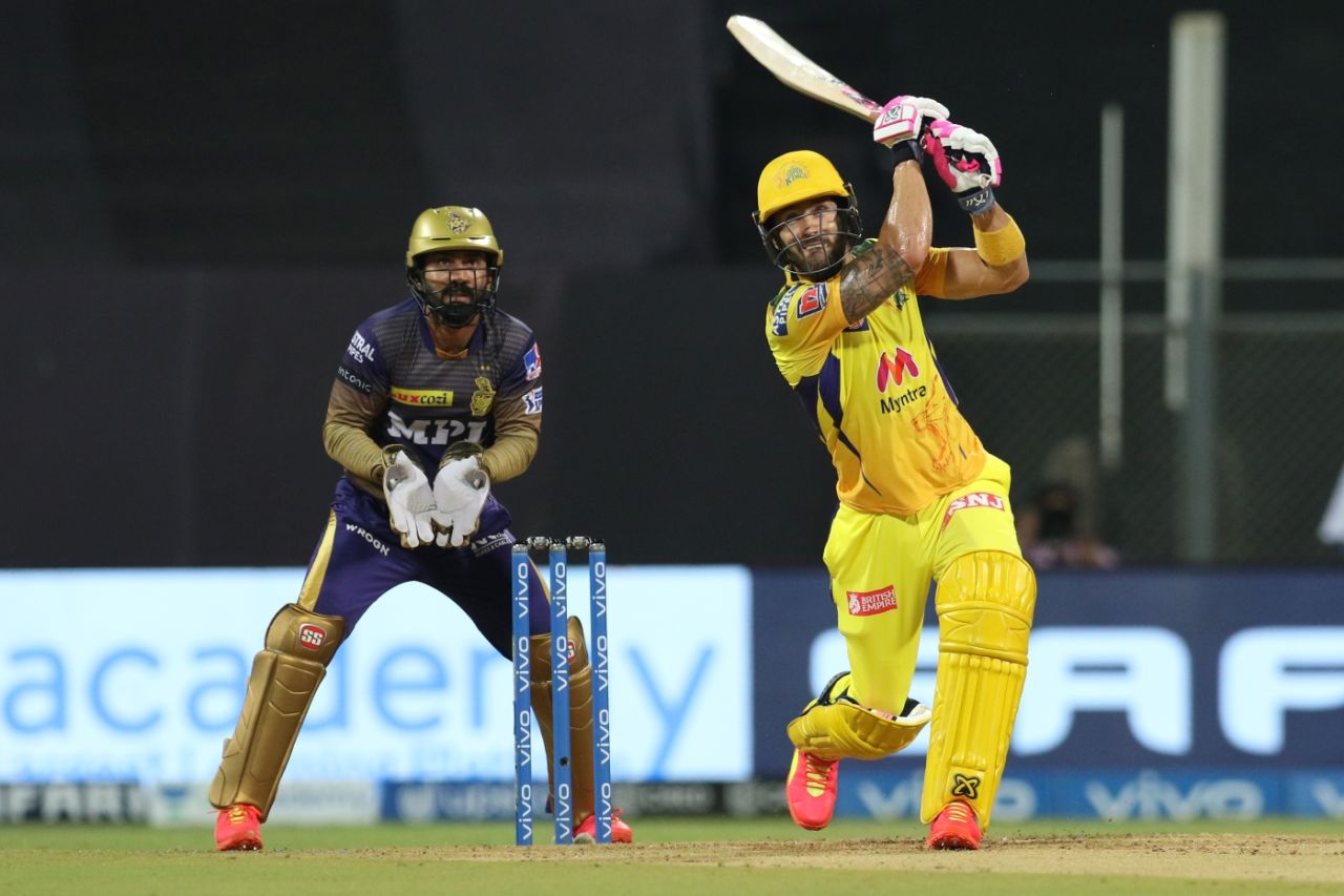 Faf du Plessis launches one down the ground, Kolkata Knight Riders vs Chennai Super Kings, IPL 2021, Mumbai, April 21, 2021