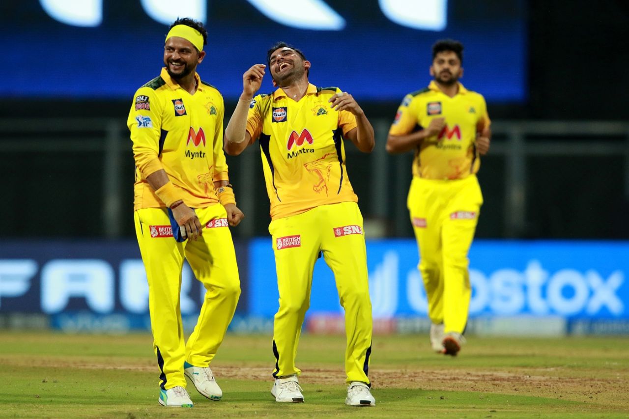 Deepak Chahar - who picked up 4 for 29 - shares a laugh with Suresh Raina, Kolkata Knight Riders vs Chennai Super Kings, IPL 2021, Mumbai, April 21, 2021