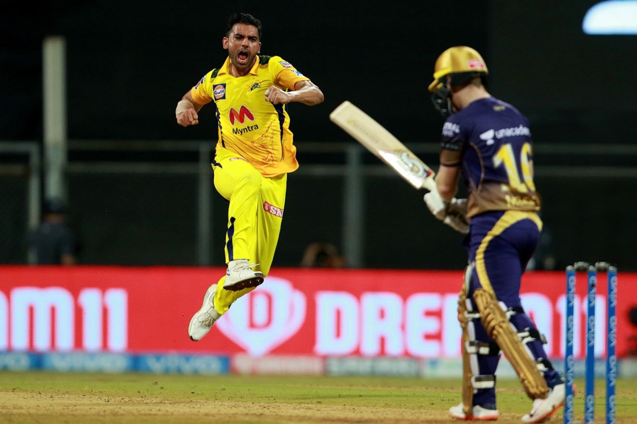 Deepak Chahar is pumped up after one of his four early wickets, Kolkata Knight Riders vs Chennai Super Kings, IPL 2021, Mumbai, April 21, 2021