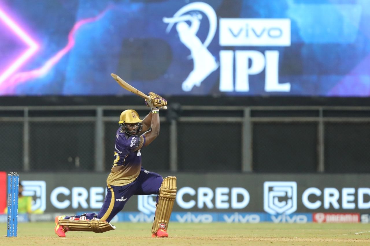 Picture perfect: Andre Russell on his way to a counterattacking 54 off 22, Kolkata Knight Riders vs Chennai Super Kings, IPL 2021, Mumbai, April 21, 2021