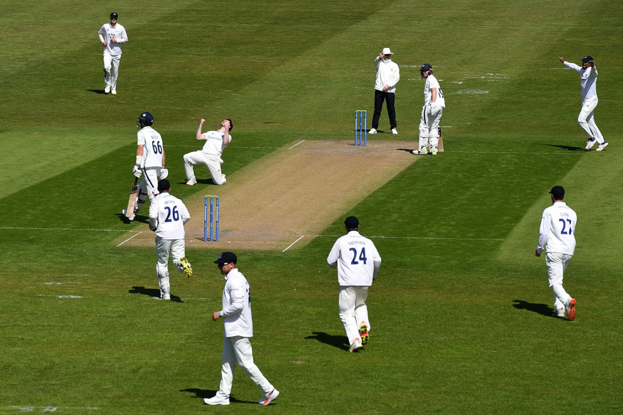 George Garton celebrates after trapping Joe Root lbw, LV= Insurance County Championship, Sussex vs Yorkshire, day 1, Hove, April 22, 2021