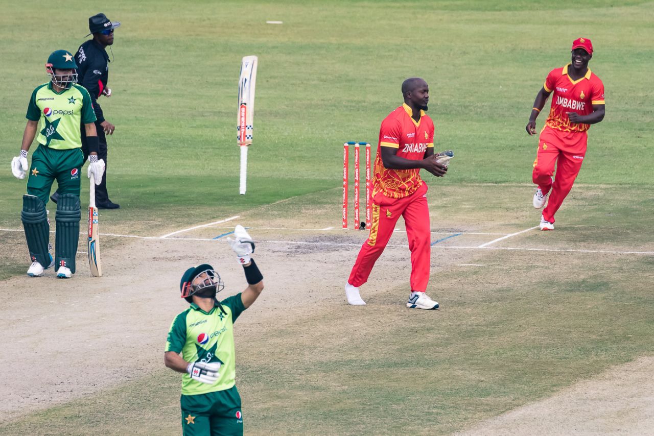Luke Jongwe dismisses Mohammad Rizwan for the first of his four wickets in a historic win, Zimbabwe v Pakistan, 2nd T20I, Harare, April 23, 2021