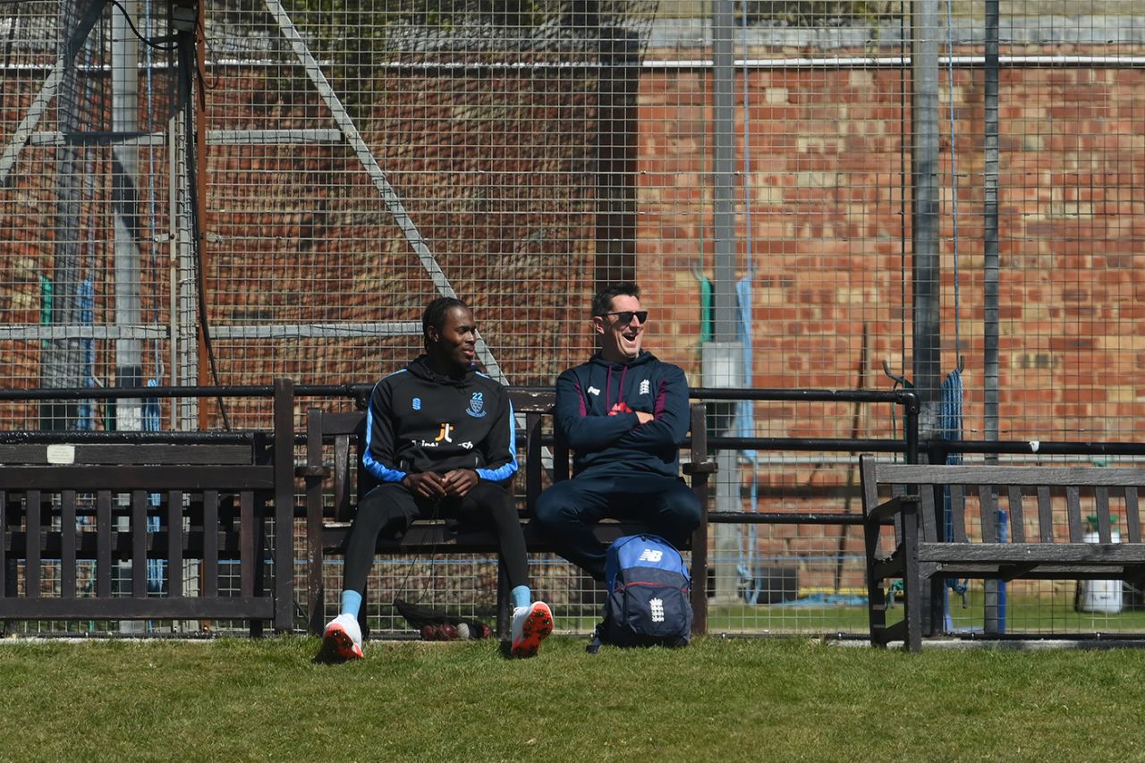 Jofra Archer, pictured with England pace-bowling coach Jon Lewis, has been training at Hove, LV= Insurance County Championship, Sussex vs Yorkshire, Day 1, Hove, April 22, 2021