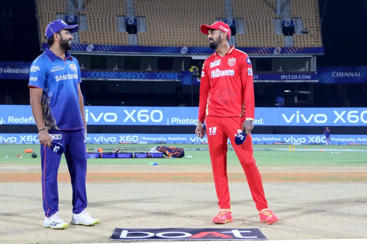 Rohit Sharma and KL Rahul during the toss, Punjab Kings vs Mumbai Indians, IPL 2021, Chennai, April 23, 2021
