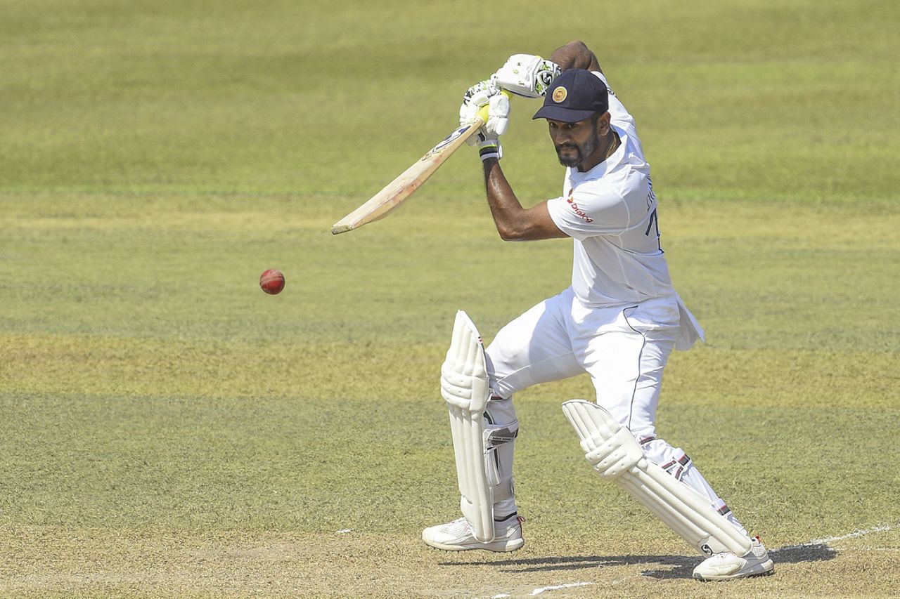 Dimuth Karunaratne plays a back-foot punch, Sri Lanka vs Bangladesh, 1st Test, Pallekele, 3rd day, April 23, 2021