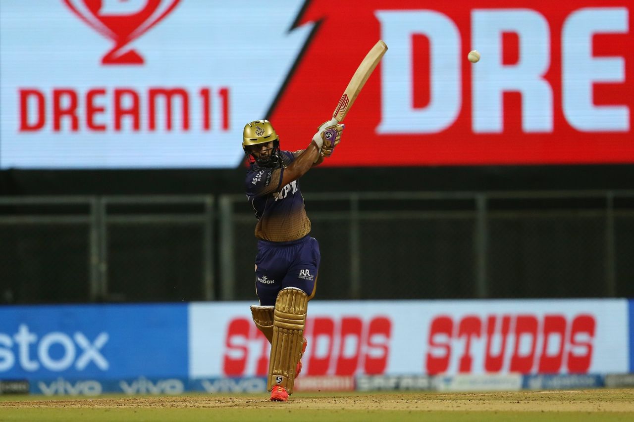 Rahul Tripathi hits down the ground, Rajasthan Royals vs Kolkata Knight Riders, IPL 2021, Mumbai, April 24, 2021