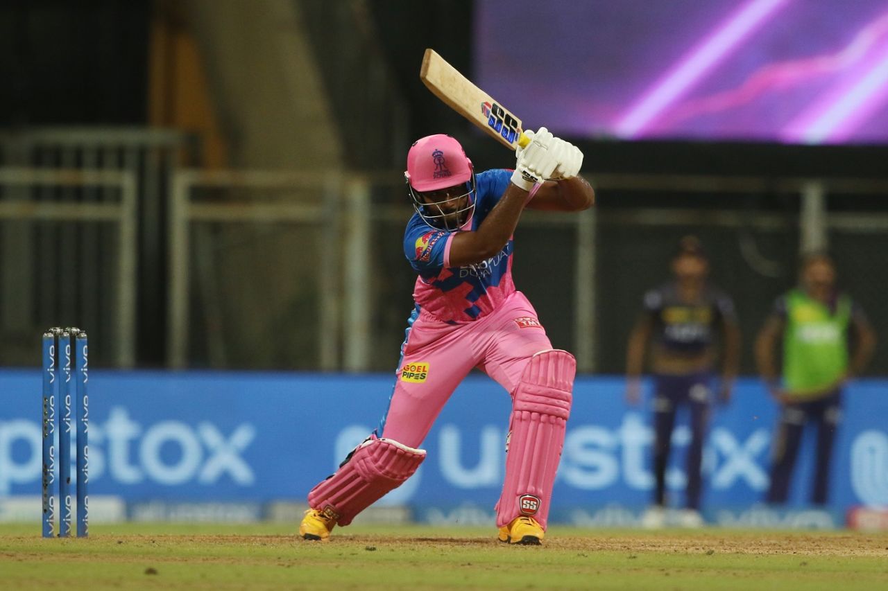 Sanju Samson drives through the cover region, Rajasthan Royals vs Kolkata Knight Riders, IPL 2021, Mumbai, April 24, 2021