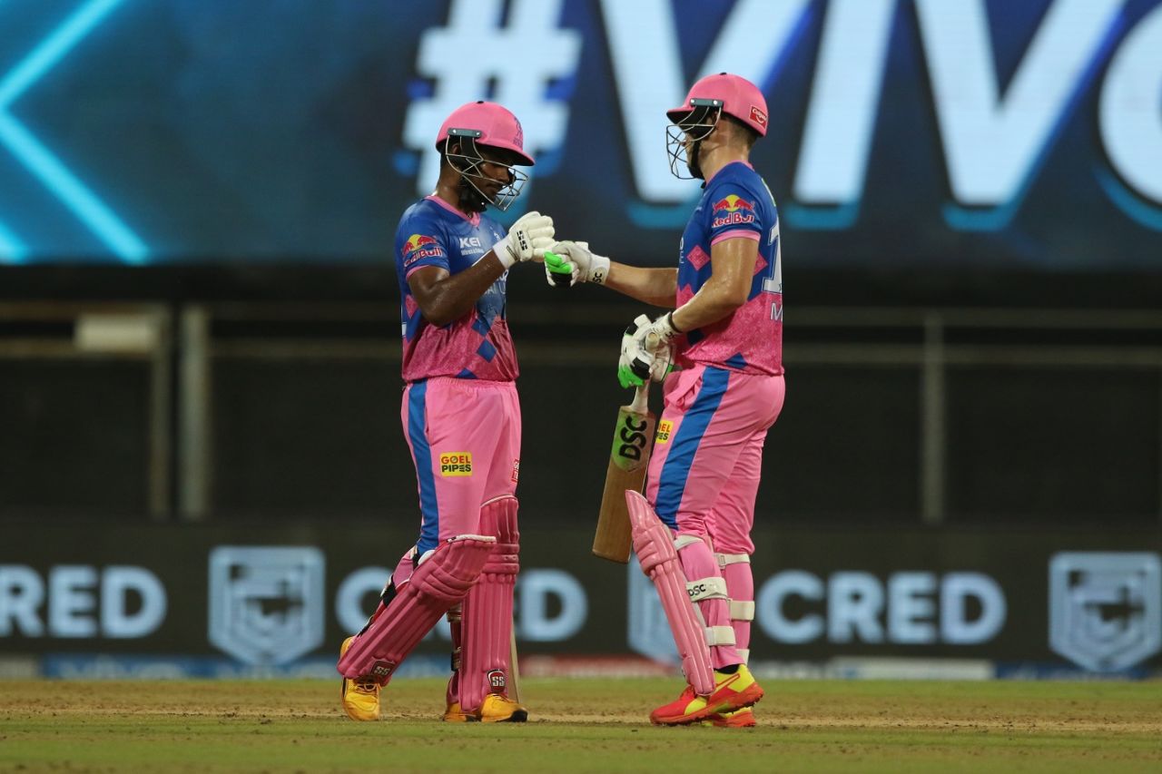Sanju Samson and David Miller during their partnership, Rajasthan Royals vs Kolkata Knight Riders, IPL 2021, Mumbai, April 24, 2021