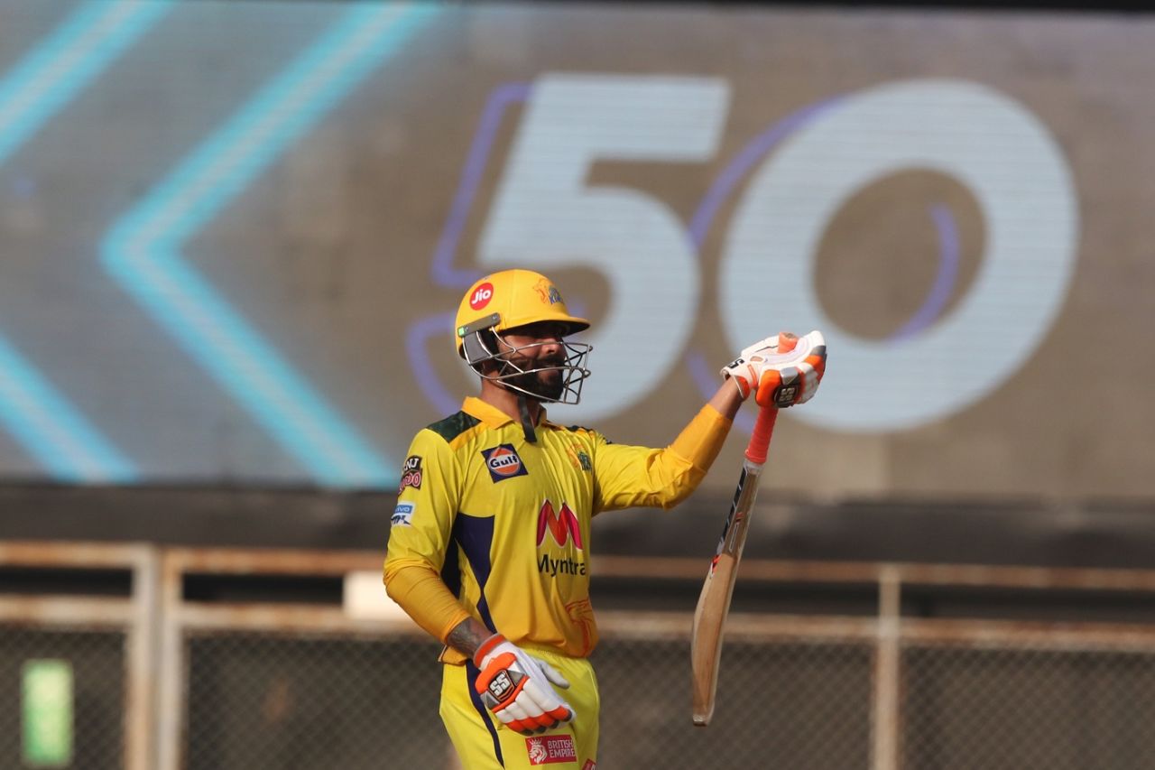Ravindra Jadeja brings out the sword-wielding celebration on reaching fifty, Chennai Super Kings vs Royal Challengers Bangalore, IPL 2021, Mumbai, April 25, 2021