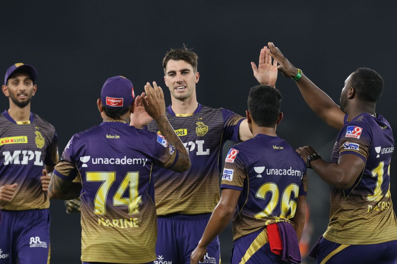 Pat Cummins is congratulated by team-mates after taking a wicket, Punjab Kings vs Kolkata Knight Riders, IPL 2021, Ahmedabad, April 26, 2021