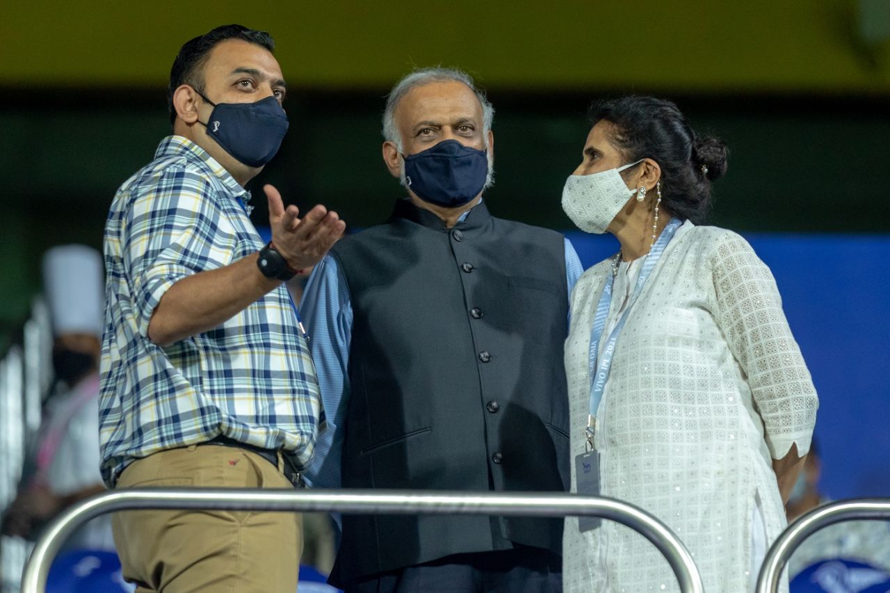 Hemang Amin at an IPL 2021 match in Chennai with IPL chairman Brijesh Patel and his wife Toral Patel, Chennai, April 9, 2021