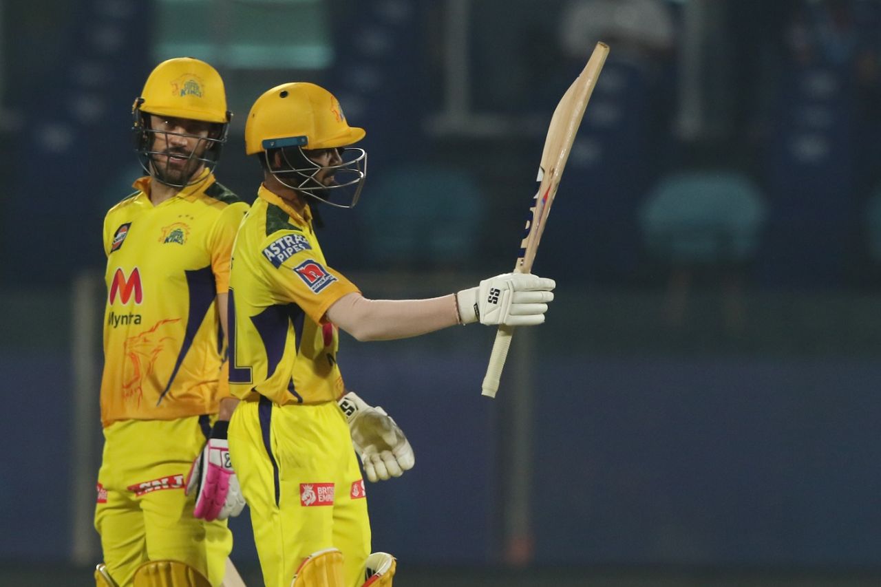 Ruturaj Gaikwad raises his bat after getting to fifty as Faf du Plessis looks on, Chennai Super Kings vs Sunrisers Hyderabad, IPL 2021, Delhi, April 28, 2021