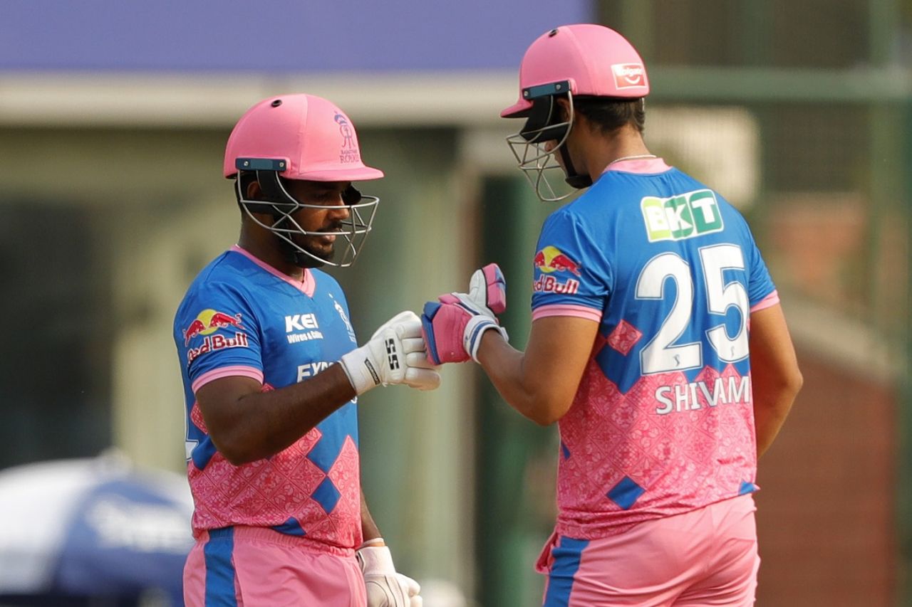 Sanju Samson and Shivam Dube during their stand, Mumbai Indians vs Rajasthan Royals, IPL 2021, Delhi, April 29, 2021