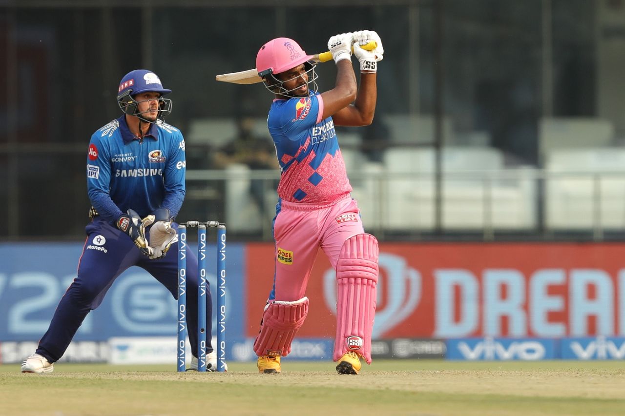 Sanju Samson sends one to the deep midwicket, Mumbai Indians vs Rajasthan Royals, IPL 2021, Delhi, April 29, 2021