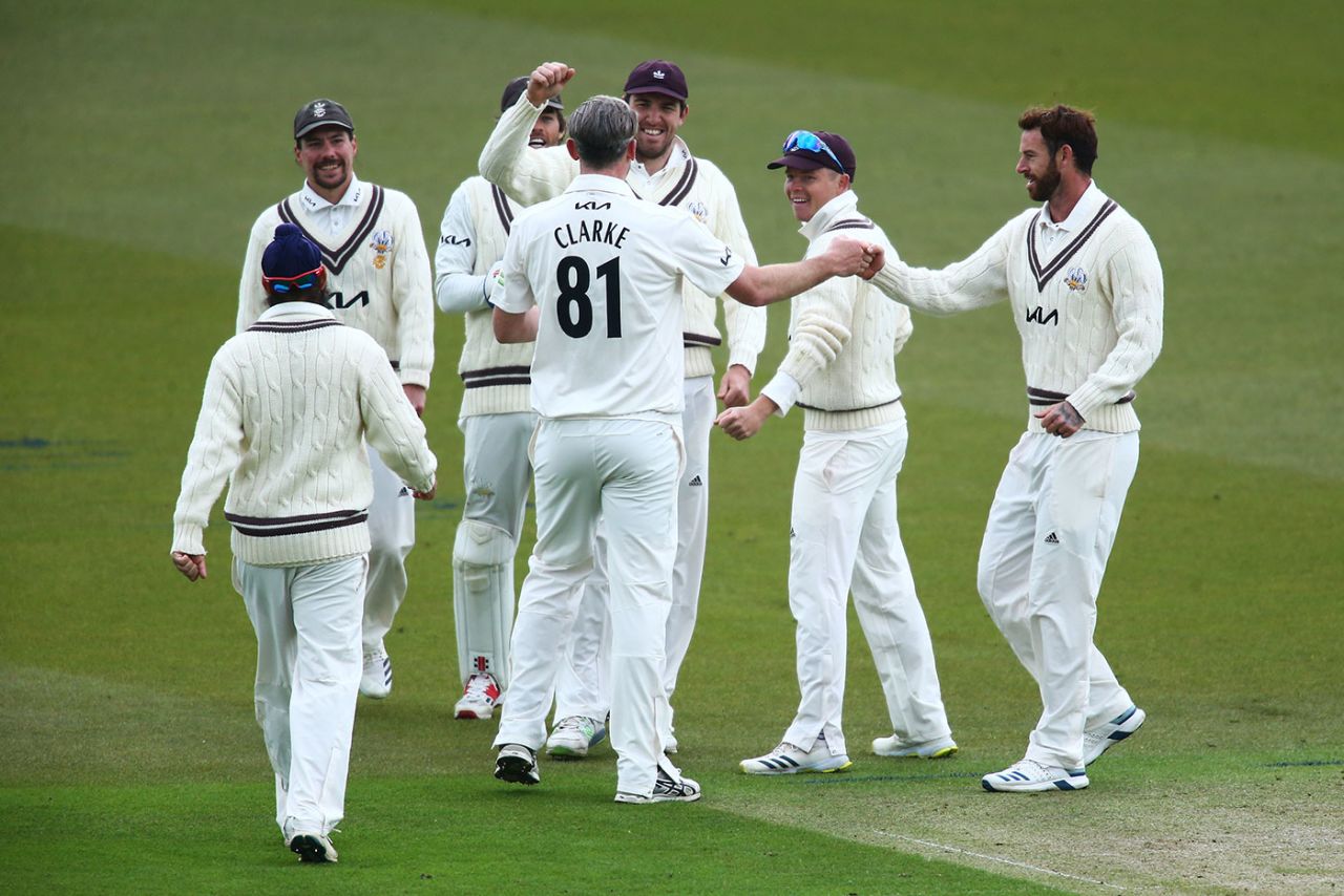 Rikki Clarke helped rip through Hampshire's top order on the first morning, Surrey vs Hampshire, LV= County Championship, The Kia Oval, 1st day, April 29, 2021