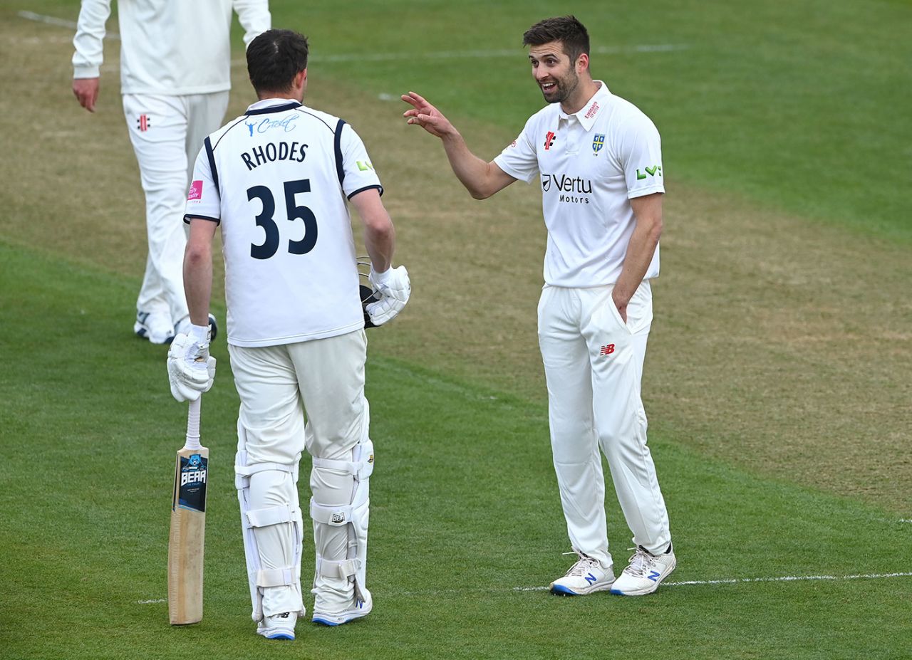 Mark Wood shares a joke with Will Rhodes as Warwickshire bat first, Durham vs Warwickshire, LV= County Championship, Chester-le-Street, 1st day, April 29, 2021