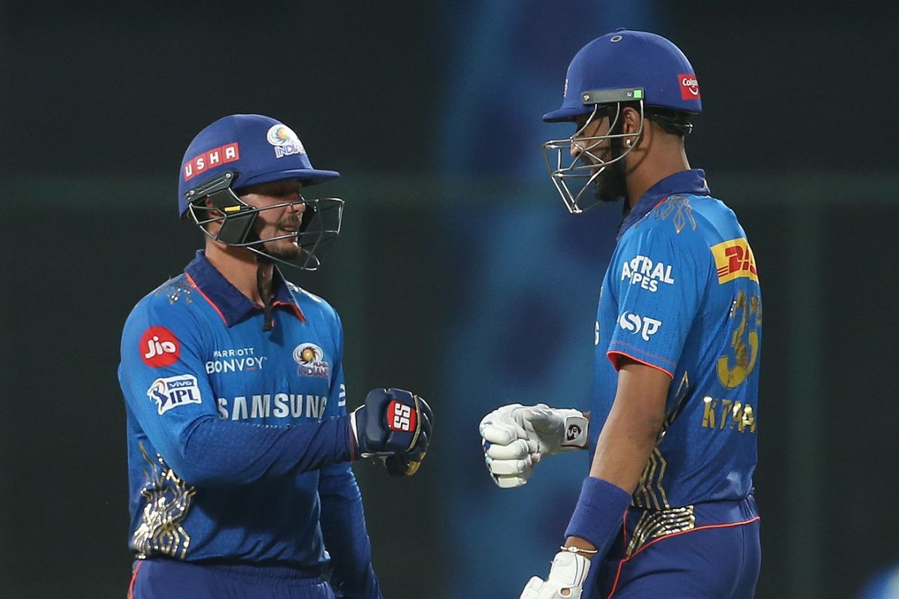 Quinton de Kock and Krunal Pandya  punch gloves during their attacking partnership, Mumbai Indians vs Rajasthan Royals, IPL 2021, Delhi, April 29, 2021