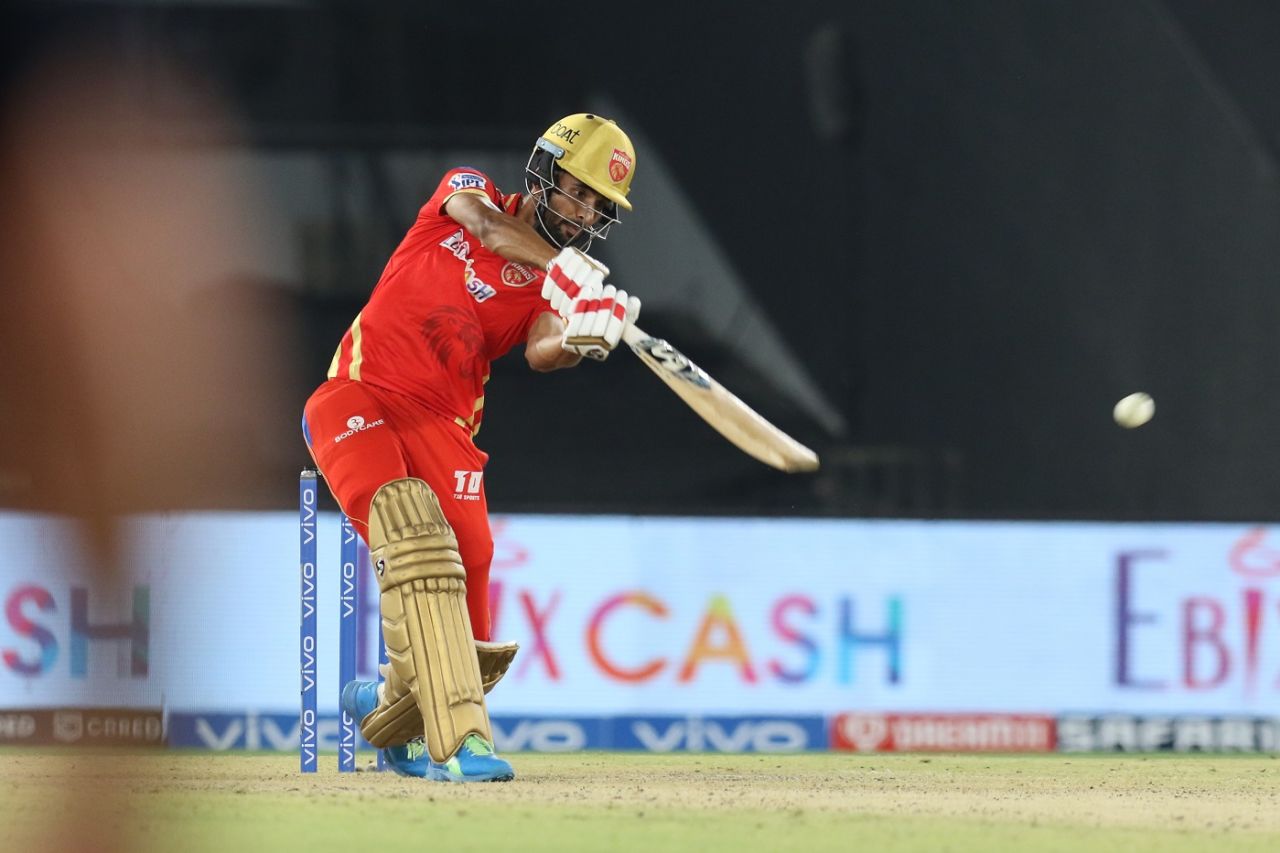 Harpreet Brar goes over the off side, Punjab Kings vs Royal Challengers Bangalore, IPL 2021, Ahmedabad, April 30, 2021