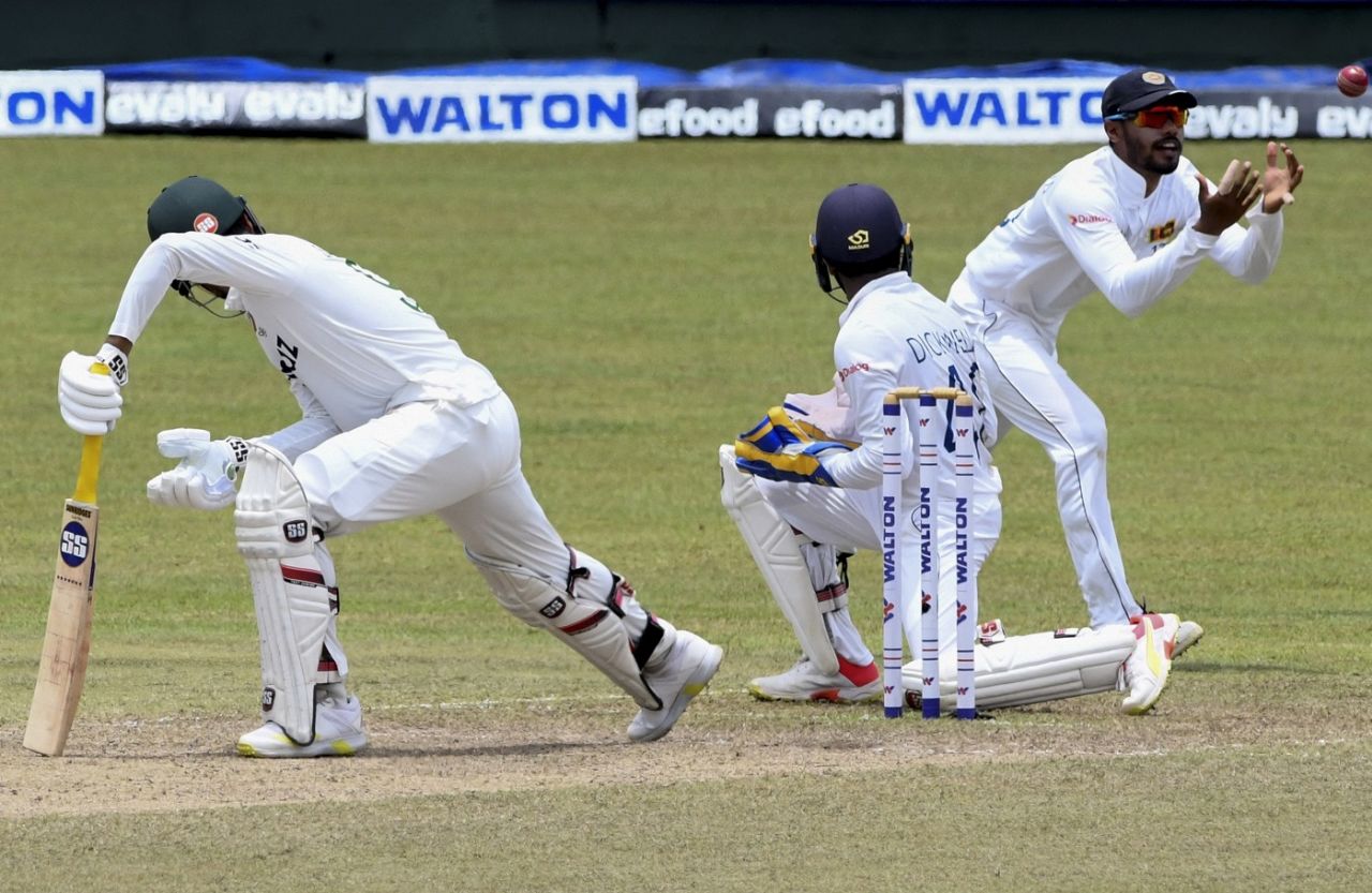 Saif Hassan is caught at slip by Dhananjaya de Silva, Sri Lanka vs Bangladesh, 2nd Test, Pallekele, 3rd day, May 1, 2021