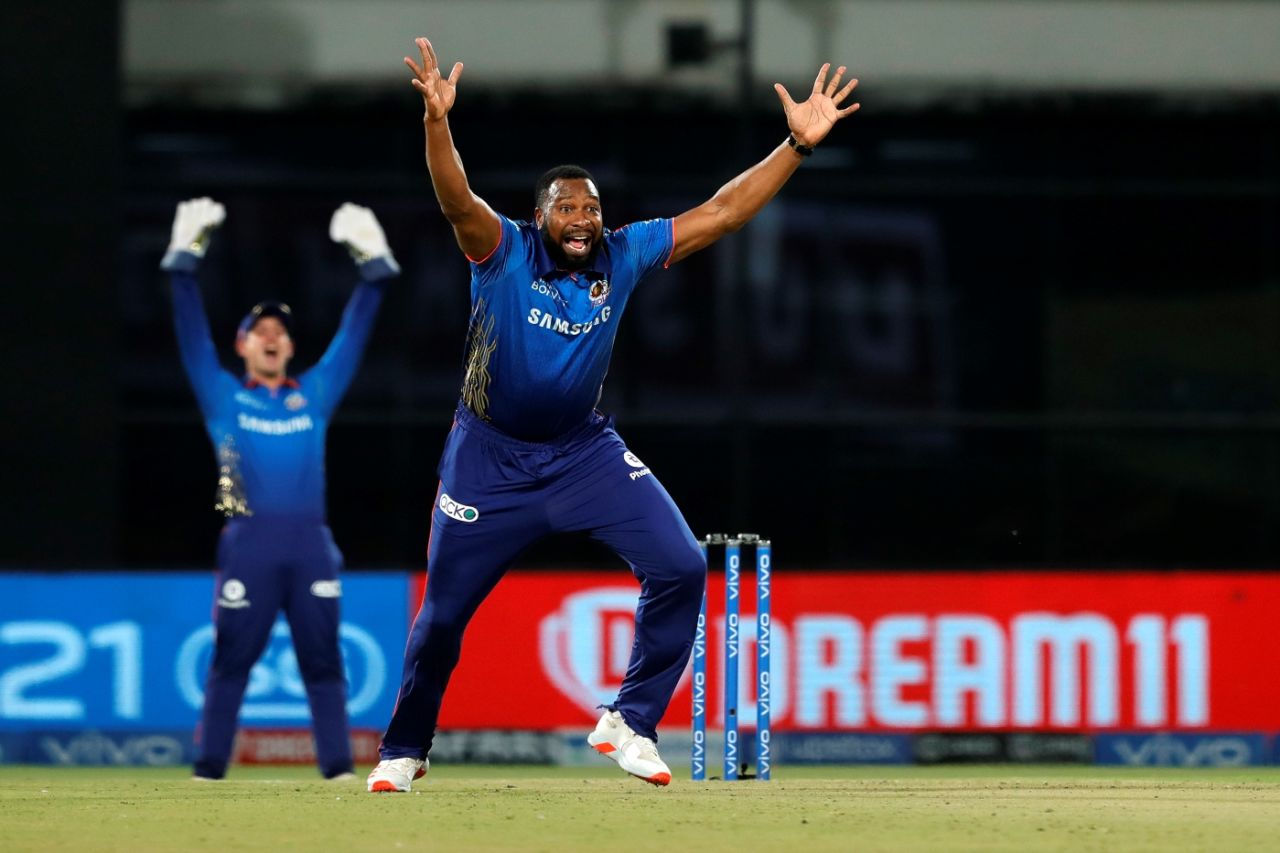 Kieron Pollard belts out an appeal, Mumbai Indians vs Chennai Super Kings, IPL 2021, Delhi, May 1, 2021
