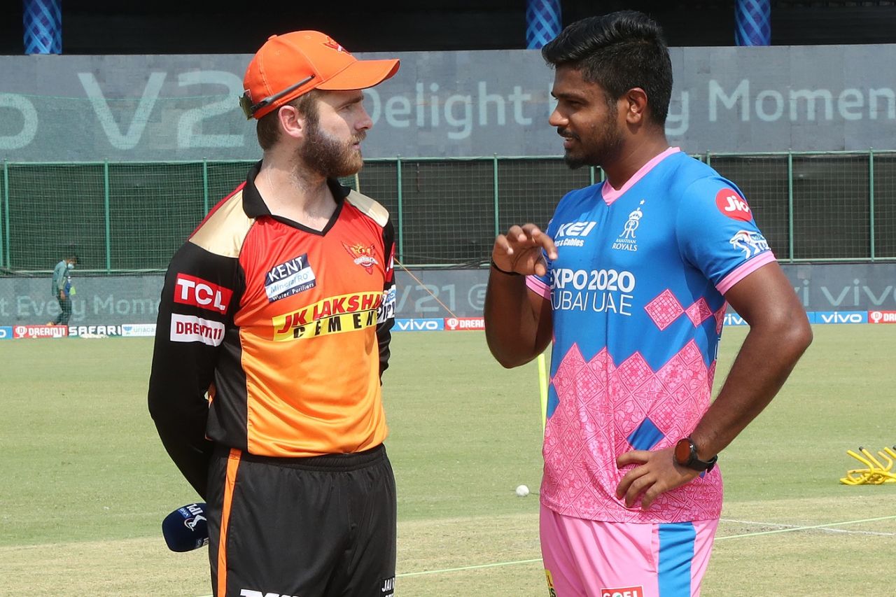 Kane Williamson and Sanju Samson at the toss, Rajasthan Royals vs Sunrisers Hyderabad, IPL 2021, Delhi, May 2, 2021