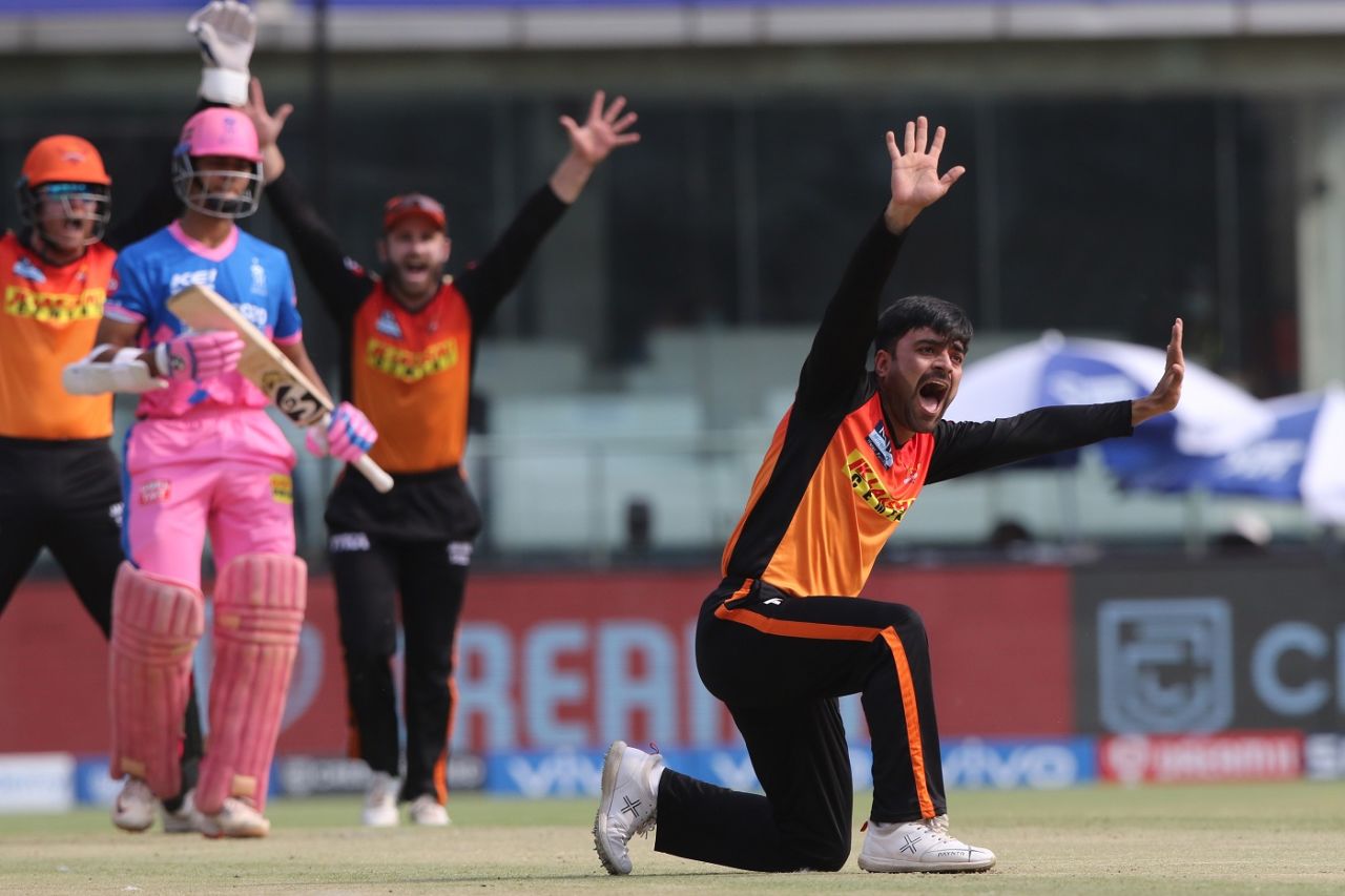 Rashid Khan appeals unsuccessfully for a wicket, Rajasthan Royals vs Sunrisers Hyderabad, IPL 2021, Delhi, May 2, 2021