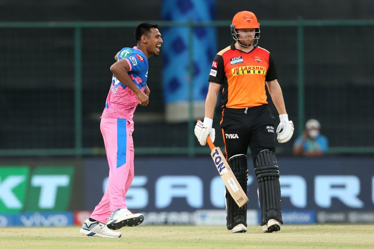 Mustafizur Rahman celebrates a wicket as Jonny Bairstow looks on, Rajasthan Royals vs Sunrisers Hyderabad, IPL 2021, Delhi, May 2, 2021