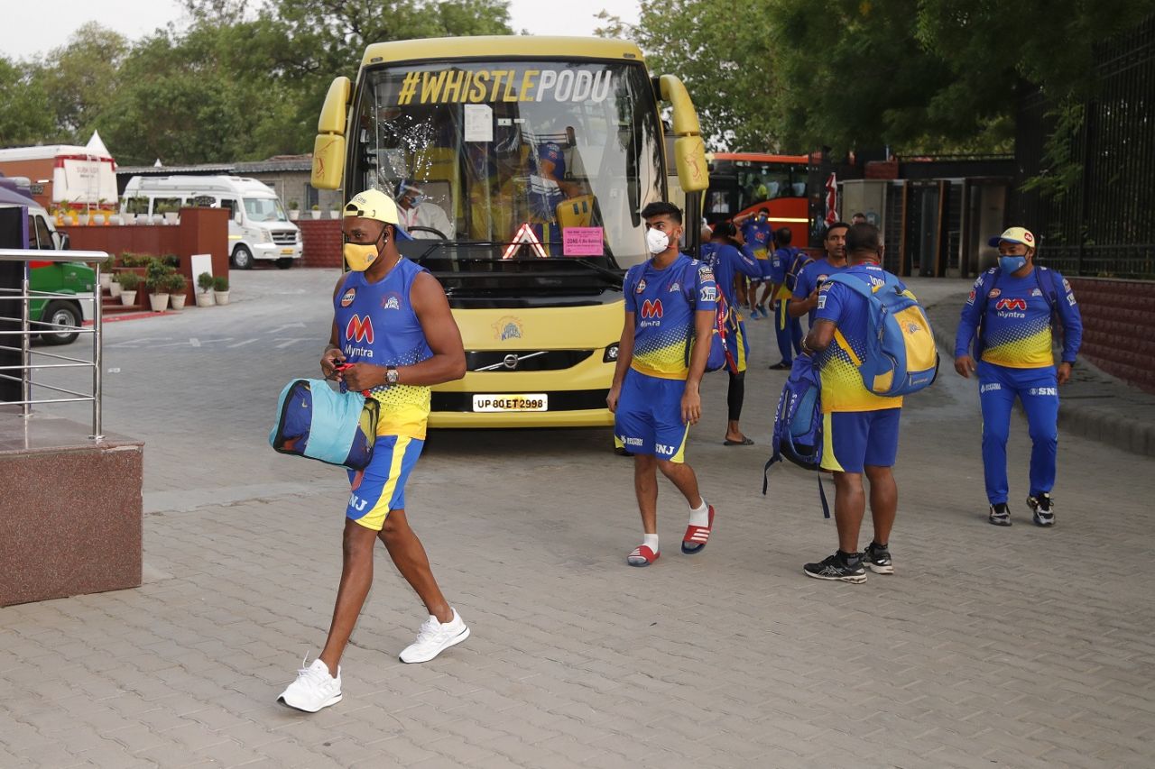 The Chennai Super Kings contingent arrive for a match in Delhi, IPL 2021
