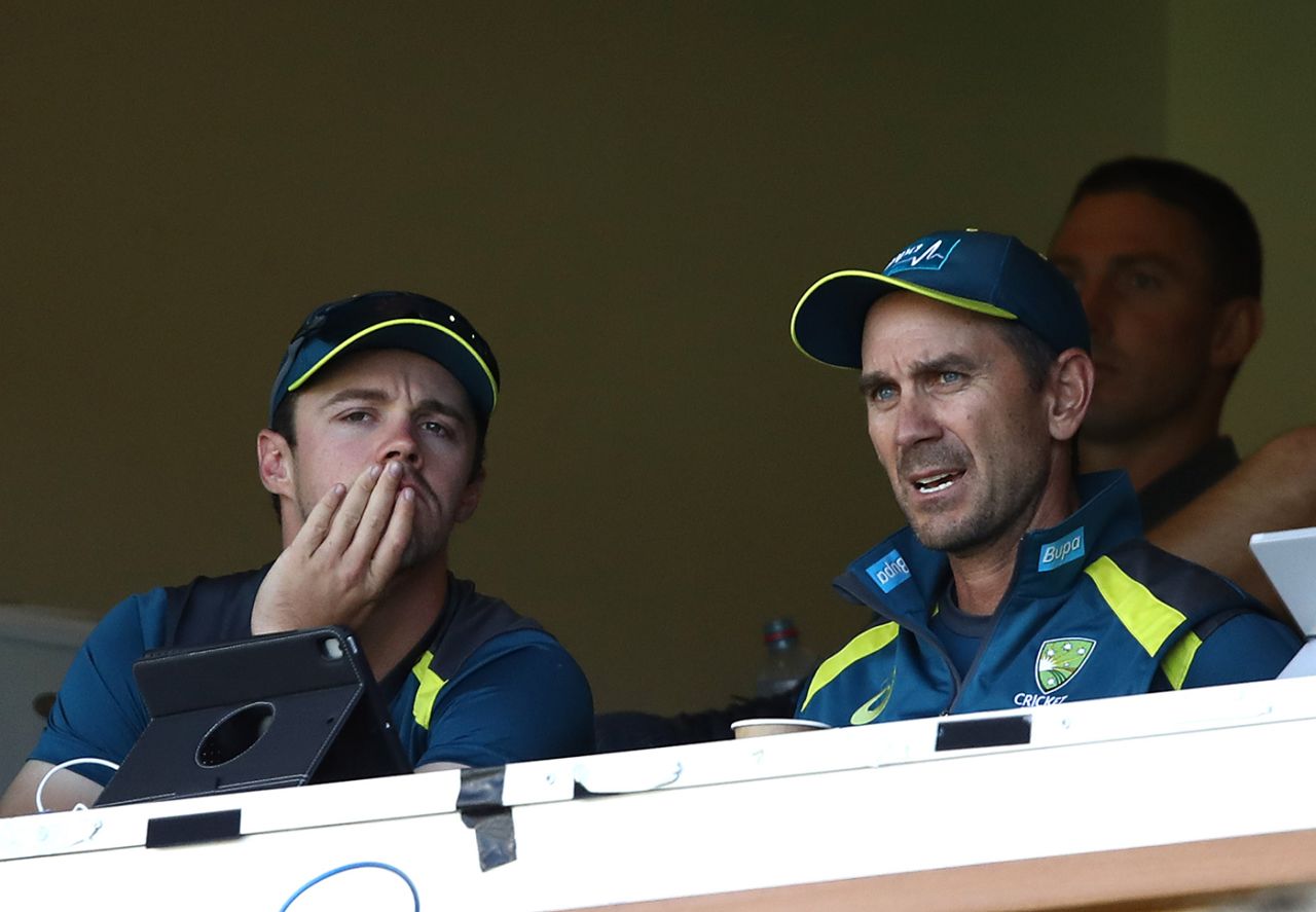 Travis Head and Justin Langer in conversation on the Australia balcony, Australia v South Africa, 2nd ODI, Adelaide, November 9, 2018