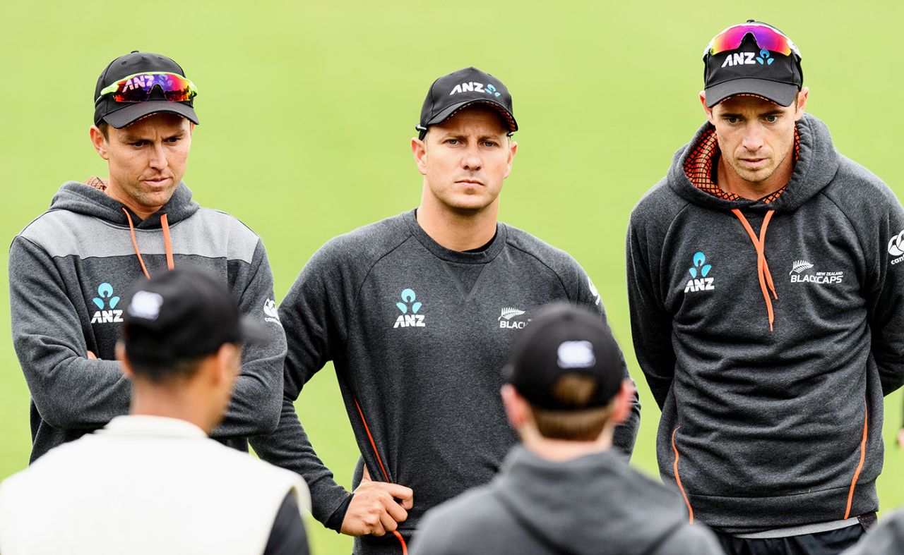 Trent Boult, Neil Wagner and Tim Southee look on during a team meeting, Christchurch, December 26, 2018