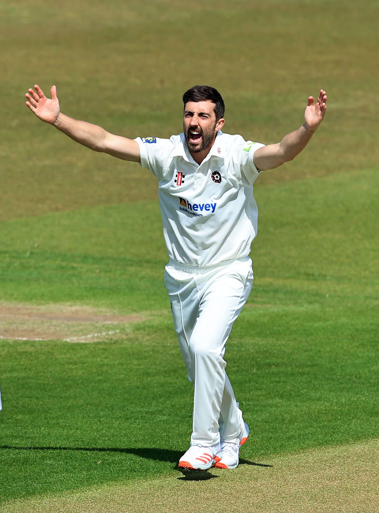 Ben Sanderson celebrates after taking a wicket, LV=Insurance County Championship, Northamptonshire vs Sussex, day 1, Northampton, May 06, 2021