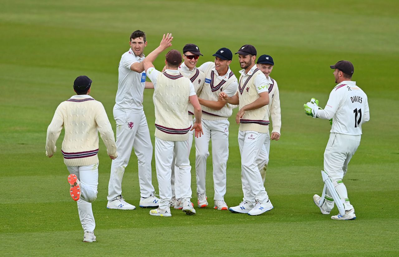 George Bartlett celebrates with his Somerset team-mates after running out Sam Northeast,  LV= County Championship, Hampshire vs Somerset, day 1, Ageas Bowl, May 06, 2021