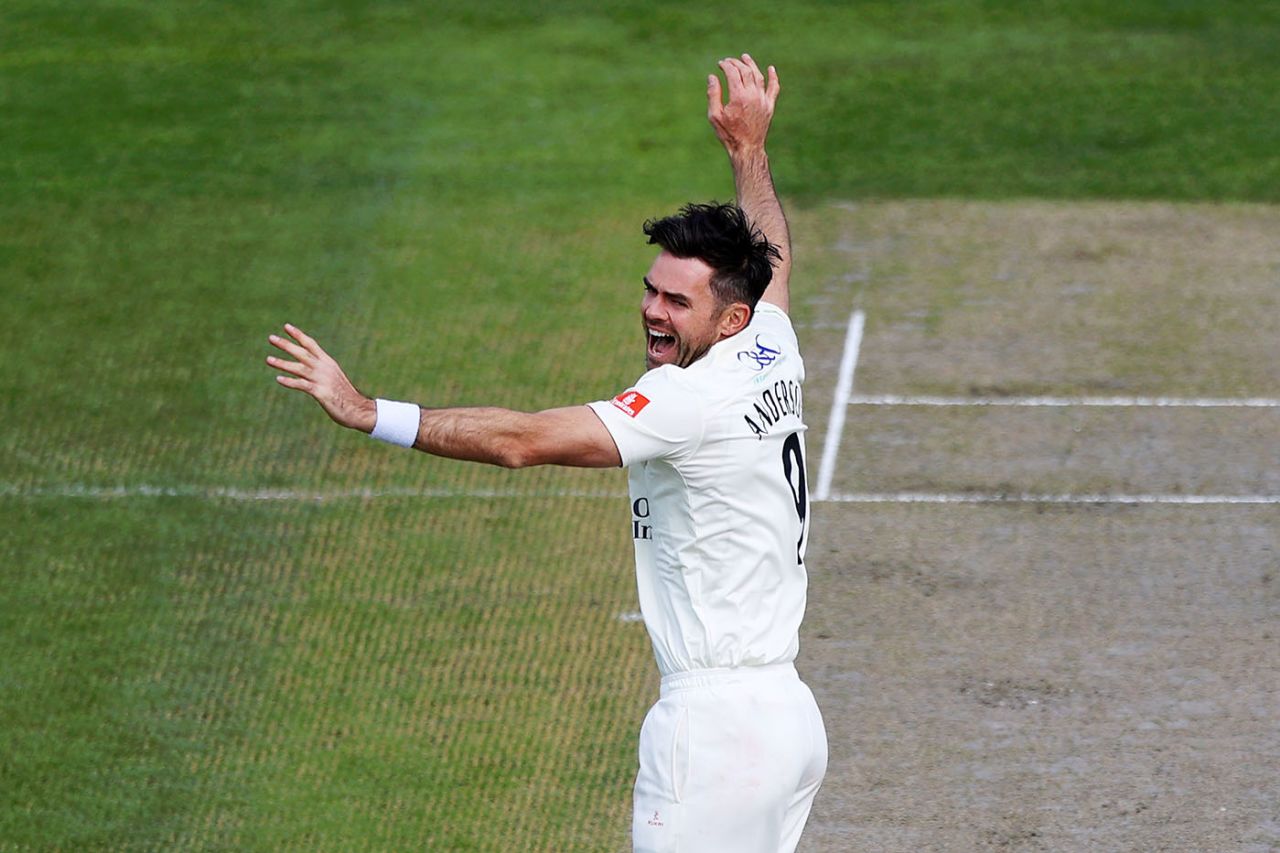 James Anderson celebrates after trapping Billy Root lbw, LV= Insurance County Championship, Lancashire vs Glamorgan, day 2, Emirates Old Trafford, May 07, 2021