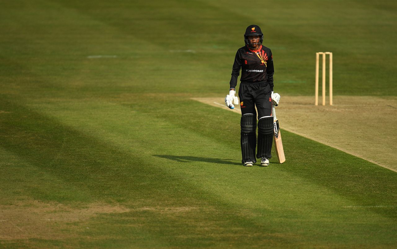 Cordelia Griffith of Sunrisers walks off after being dismissed, Rachael Heyhoe Flint Trophy, Western Storm vs Sunrisers, Bristol, September 19, 2020