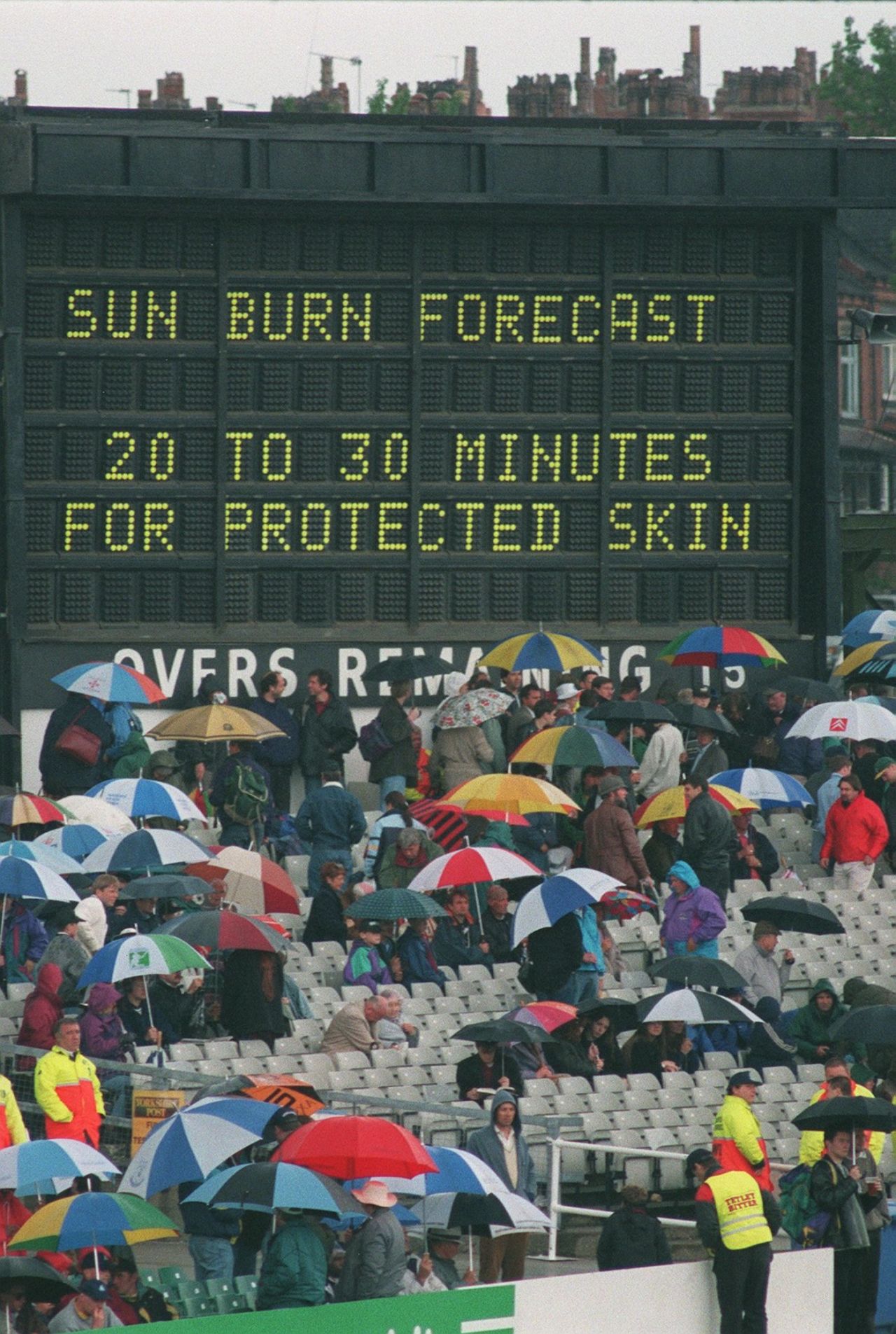 The scoreboard at Headingley continues to warn against sunburn, even though rain has stopped play, first Test, England vs West Indies, Headingley, June 08, 1995