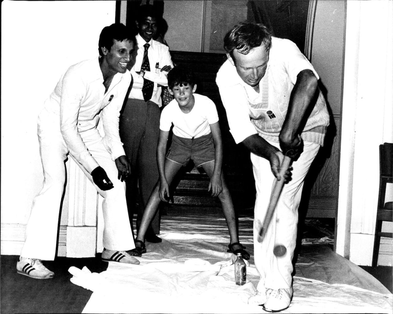 Asif Iqbal, James Packer and Derek Underwood get in a game of hallway cricket while rain stops play outside, Australia vs World XI, World Series Cricket, RAS Showgrounds, Sydney, January 16, 1978