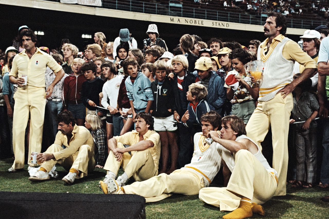 The Australians look on after losing the WSC final to the World XI. From left: Len Pascoe (standing), Rod Marsh, Bruce Laird, Kepler Wessels, Dennis Lillee (standing) and David Hookes, WSC Australia v WSC World XI, World Series Cricket Supertests Final, Sydney, February 4, 1979