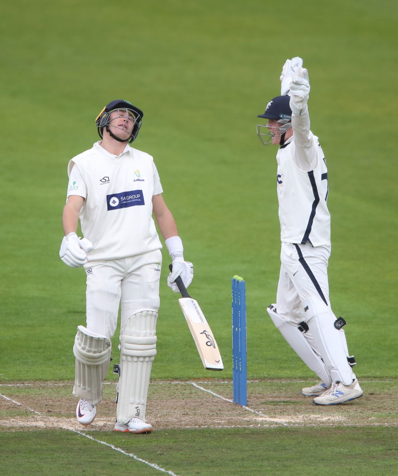 Harry Duke, Yorkshire's debutant wicketkeeper, joins the celebrations as Marnus Labuschagne falls lbw, Glamorgan vs Yorkshire, LV= County Championship, 2nd day, Cardiff, May 14, 2021