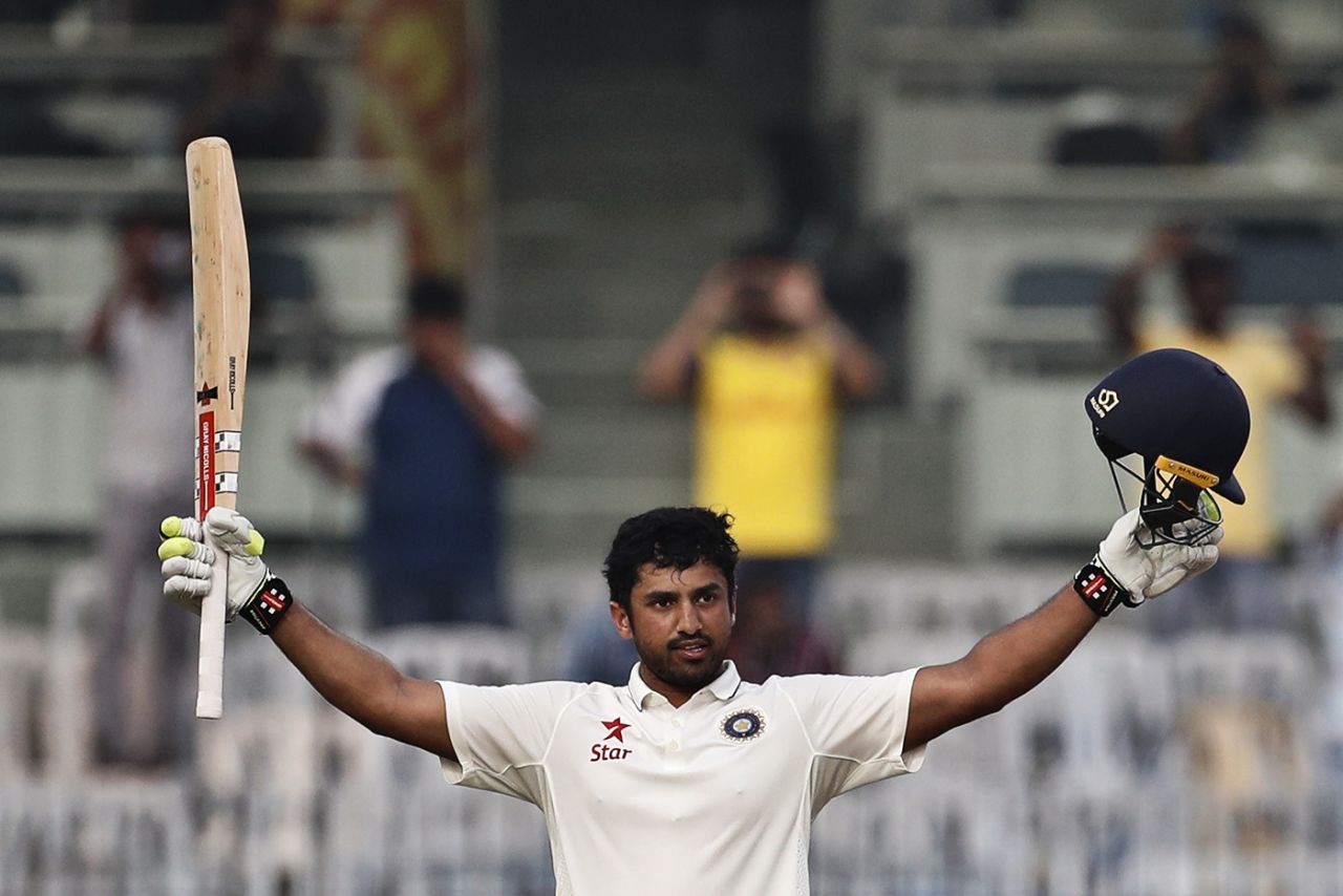 Karun Nair raises his bat after getting to his triple-century, India v England, 5th Test, Chennai, 3rd day, December 18, 2016