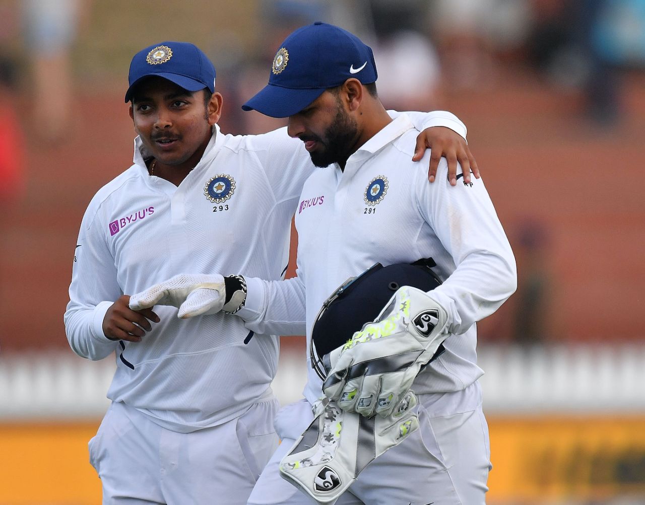 Prithvi Shaw and Rishabh Pant walk from the field at the end of day's play, day two, first Test, New Zealand vs India, Basin Reserve, Wellington, February 22, 2020