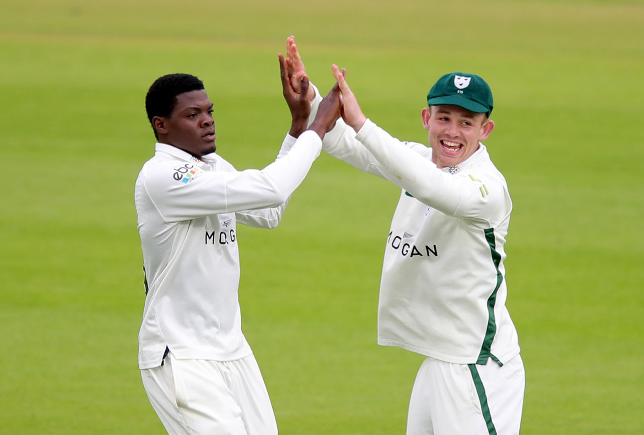 Alzarri Joseph gets a high five from Jack Haynes, Nottinghamshire vs Worcestershire, LV= Insurance Championship, Trent Bridge, 1st day, May 20, 2021