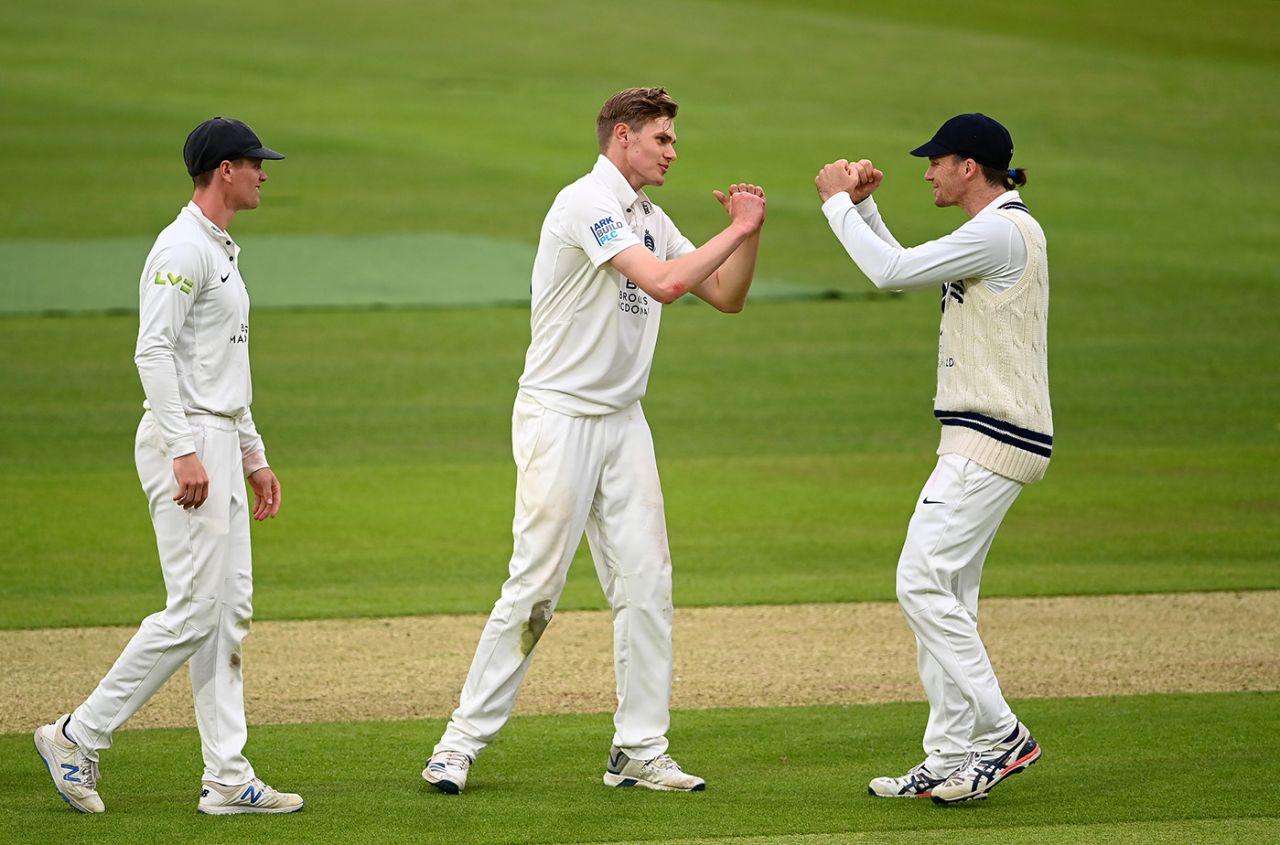 Blake Cullen gets a fist bump from his captain, Middlesex vs Hampshire, LV= County Championship, Lord's, 2nd day, May 14, 2021