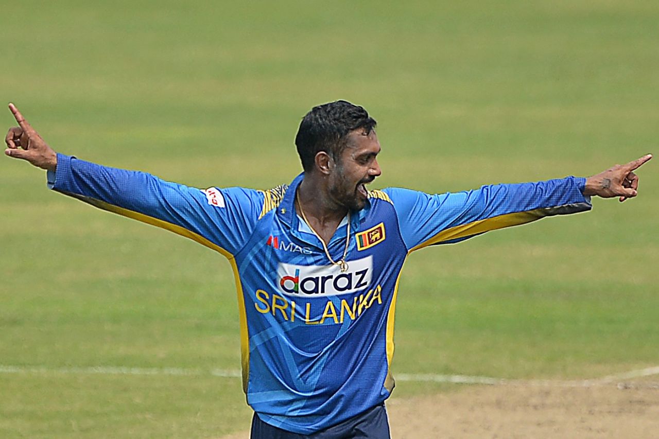 Danushka Gunathilaka celebrates after taking the wicket of Shakib Al Hasan, Bangladesh vs Sri Lanka, 1st ODI, Dhaka, May 23, 2021