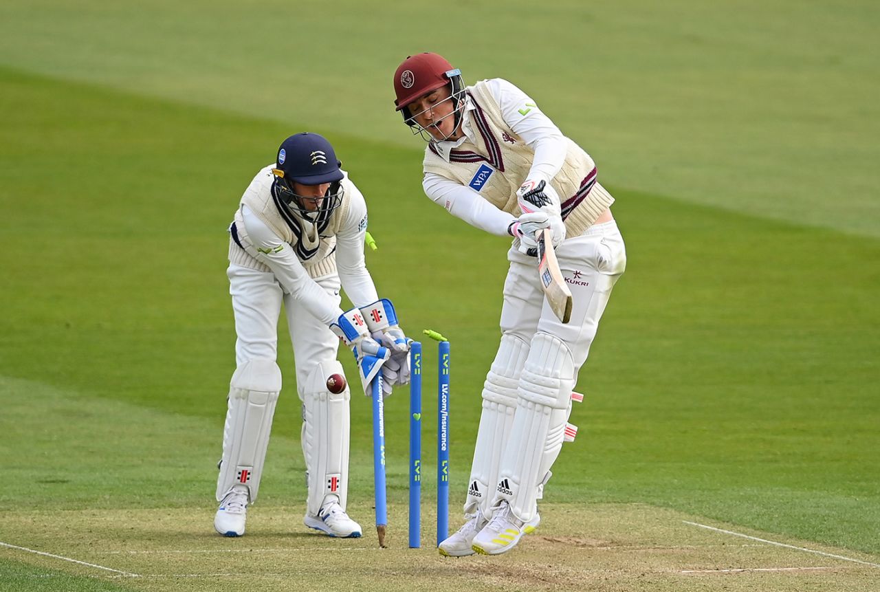 Tom Banton is cleaned up by Ethan Bamber, Middlesex vs Somerset, County Championship, Lord's, April 10, 2021